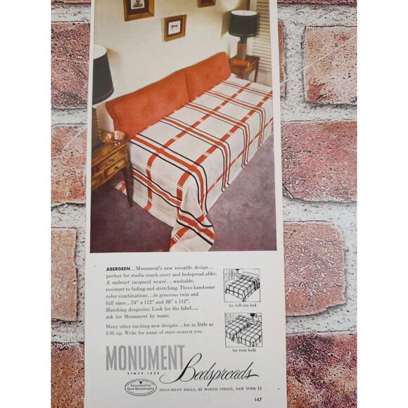 1950 Monument Bedspreads Oh So MCM Daybed Couch Plaid Orange Retro Vtg Print Ad - Picture 5 of 6